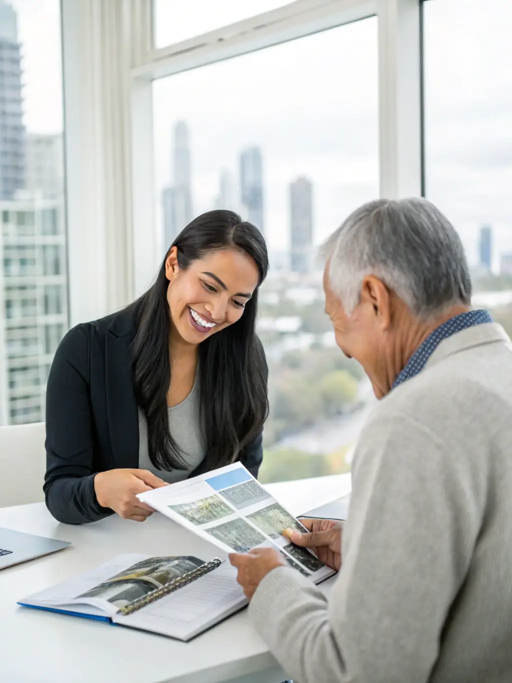 A professional real estate agent assisting a home seller with paperwork in a modern, sunlit office, symbolizing RealtyLinkz's commitment to expert guidance.