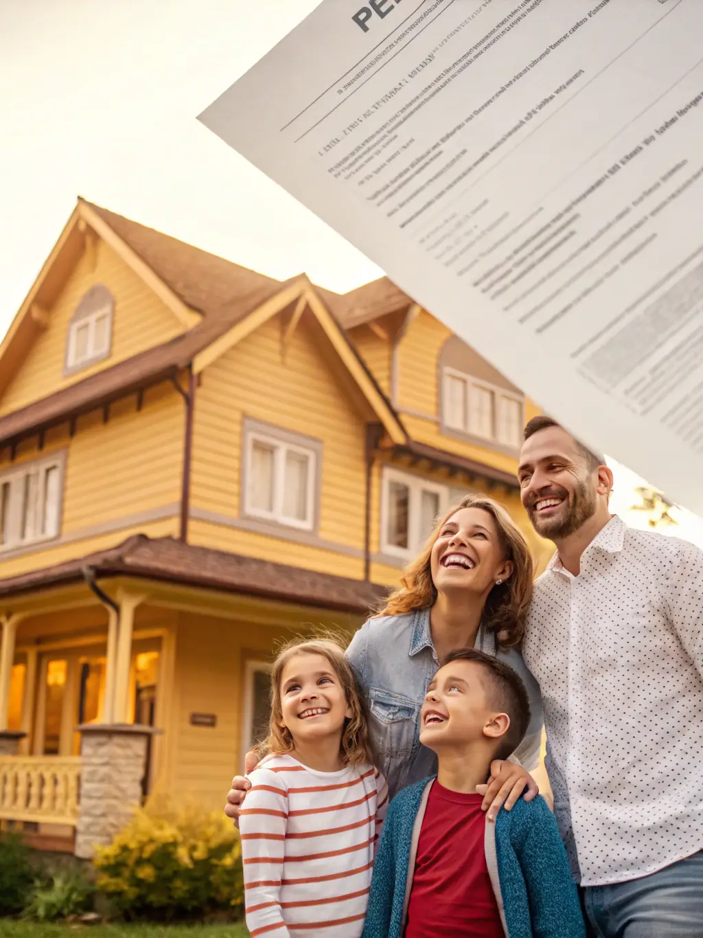 A family happily receiving a cash back check after buying their dream home, representing the financial benefits of using RealtyLinkz.