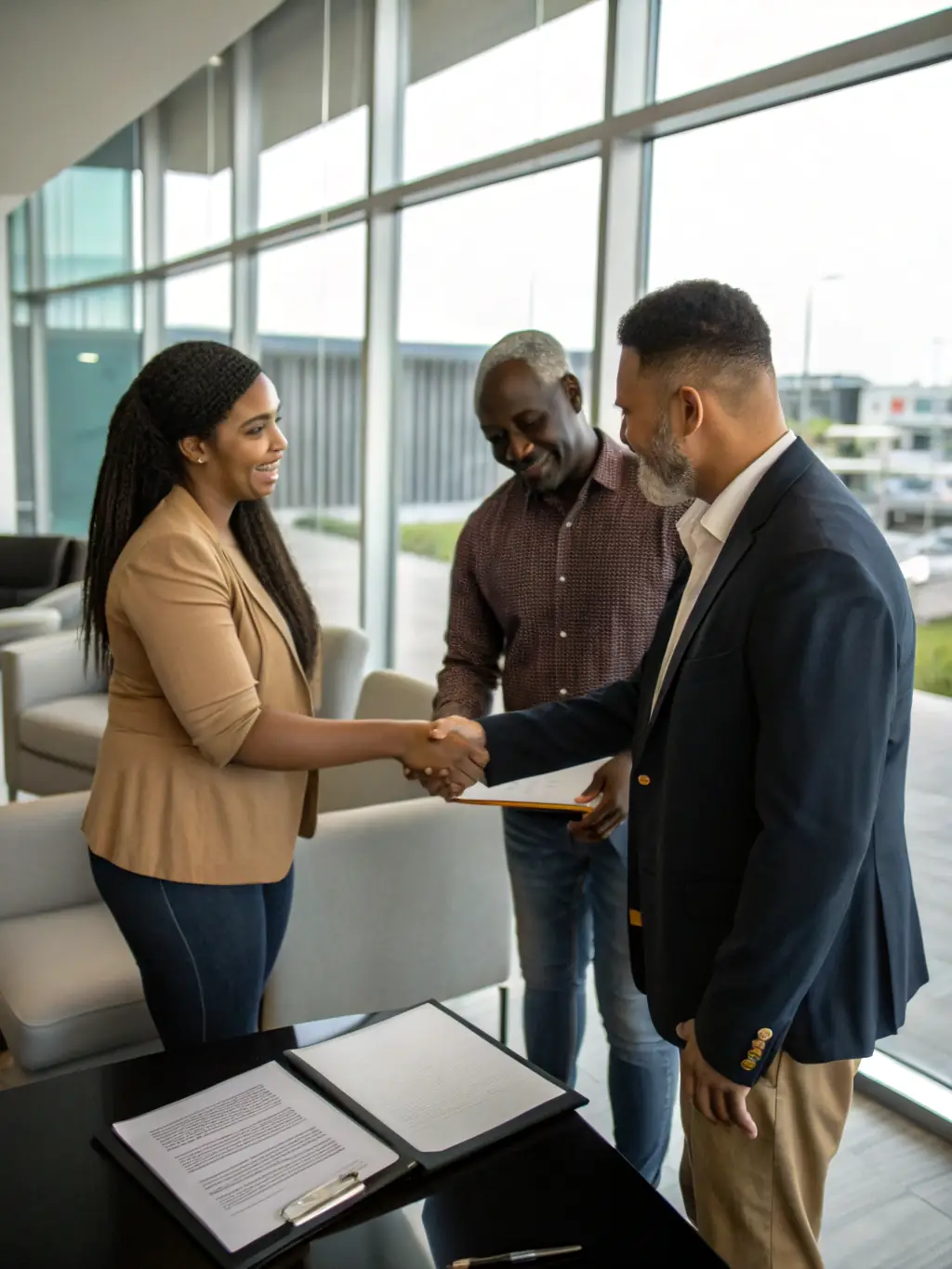 A diverse group of people shaking hands, symbolizing the network of agents and clients RealtyLinkz brings together for successful transactions.